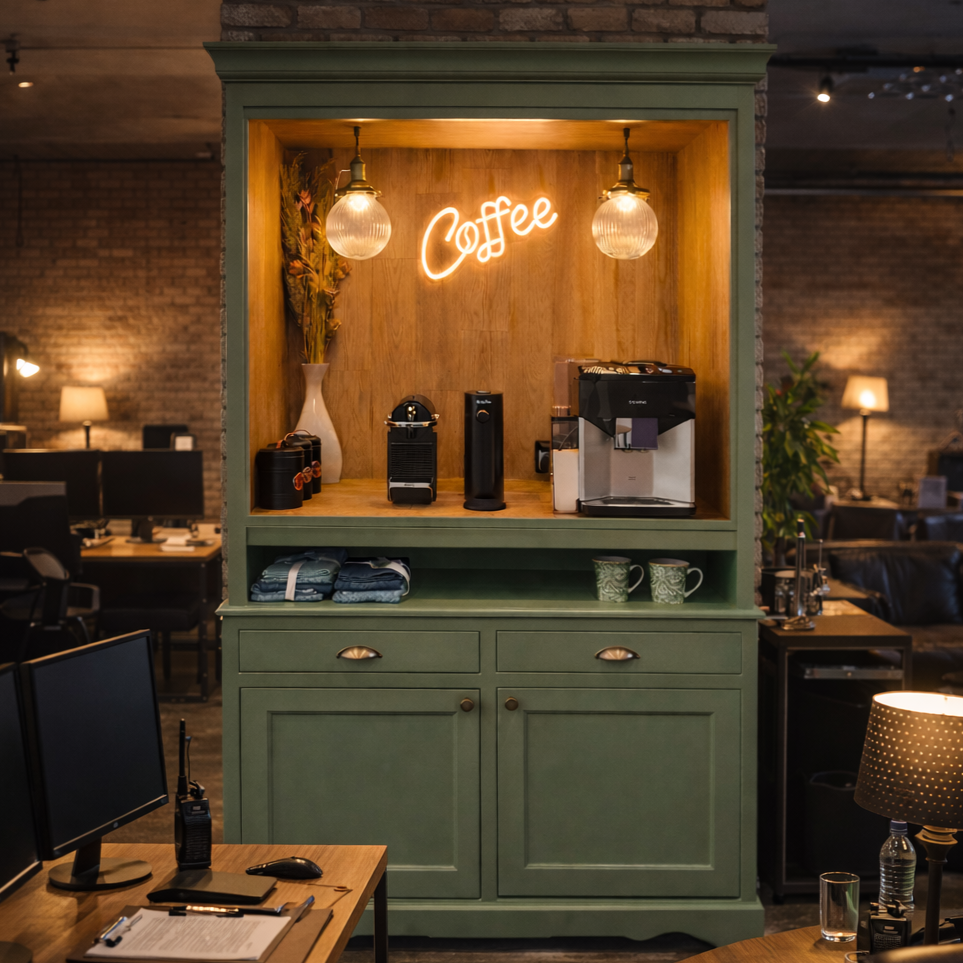 A coffee and tea station in a green room