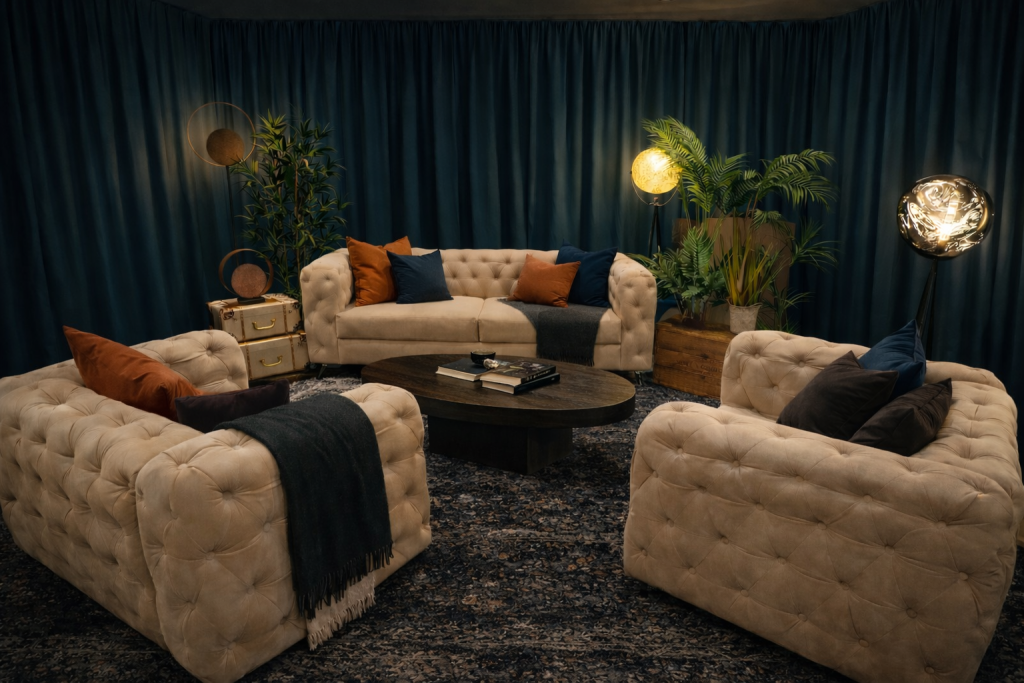 white sofa's in a green room with floor lamps