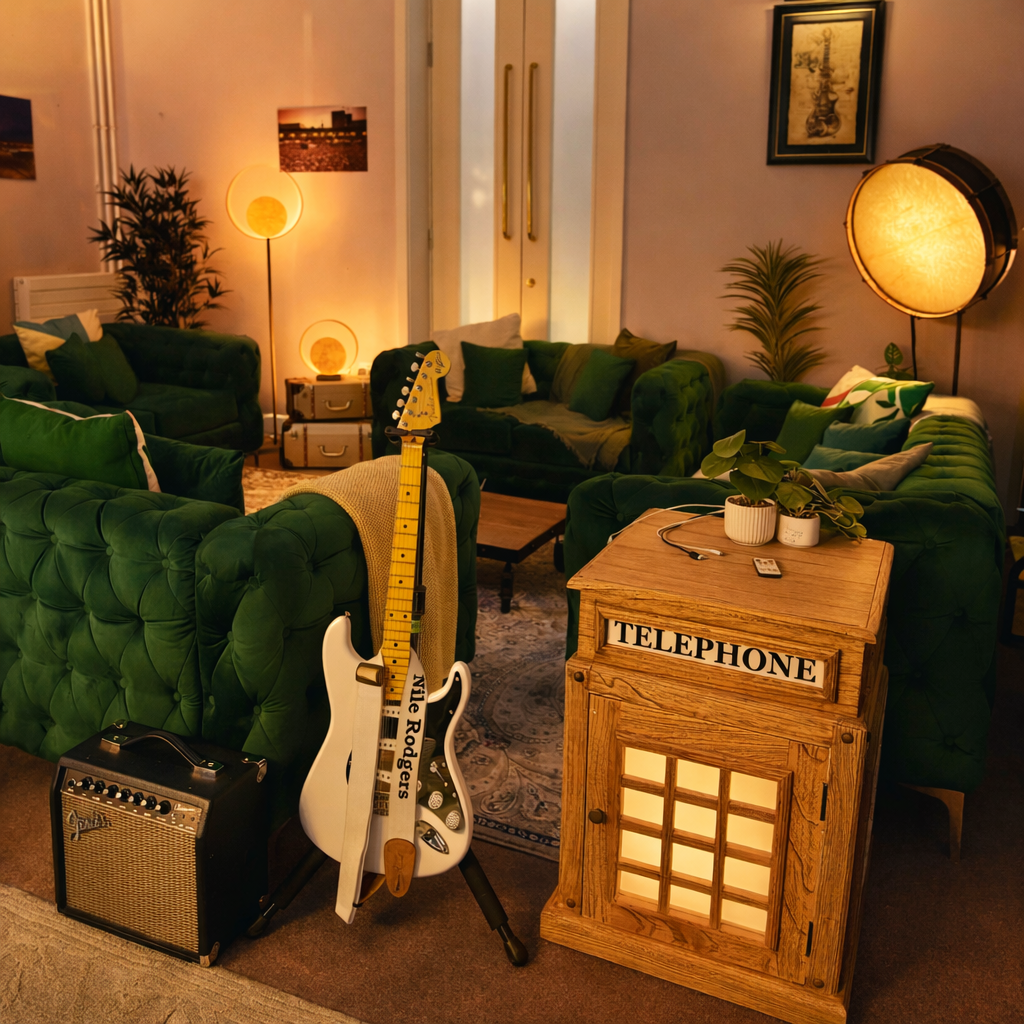 A guitar and bespoke side table  in a green room 