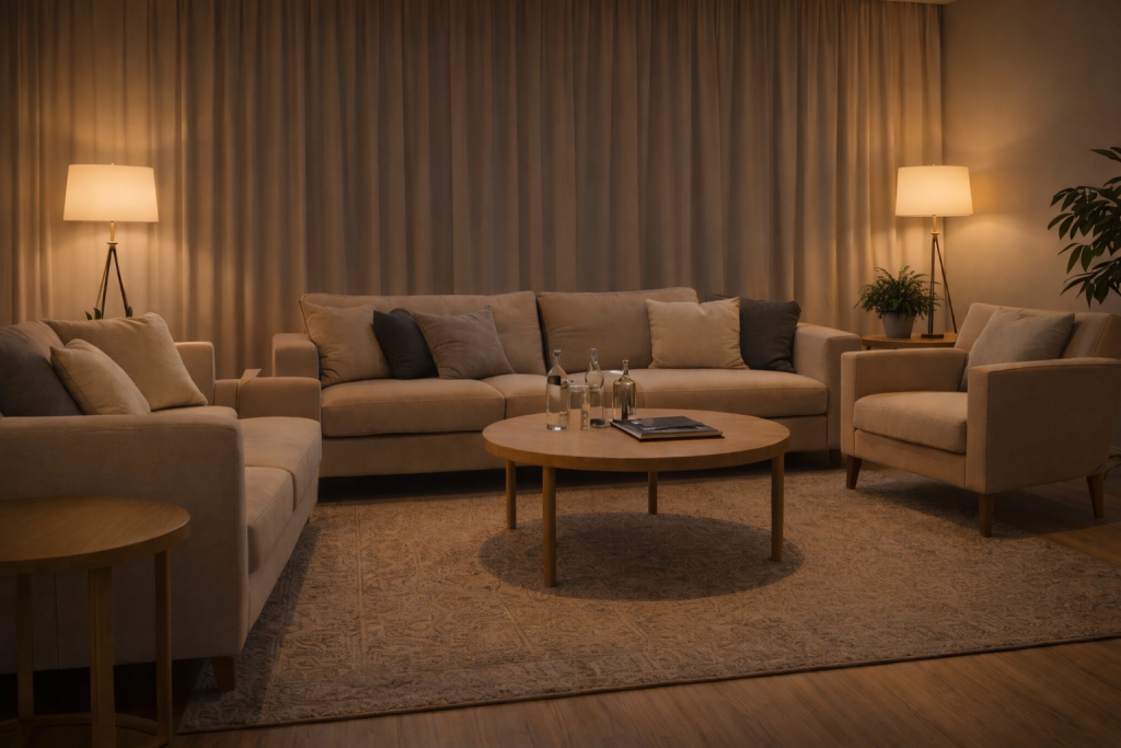 Green room with cream sofa's