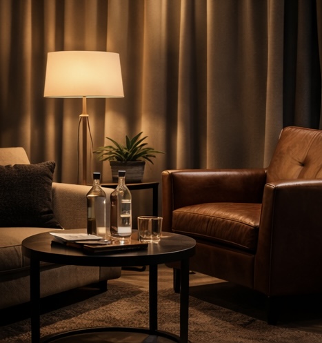 Two armchairs in a green room. 