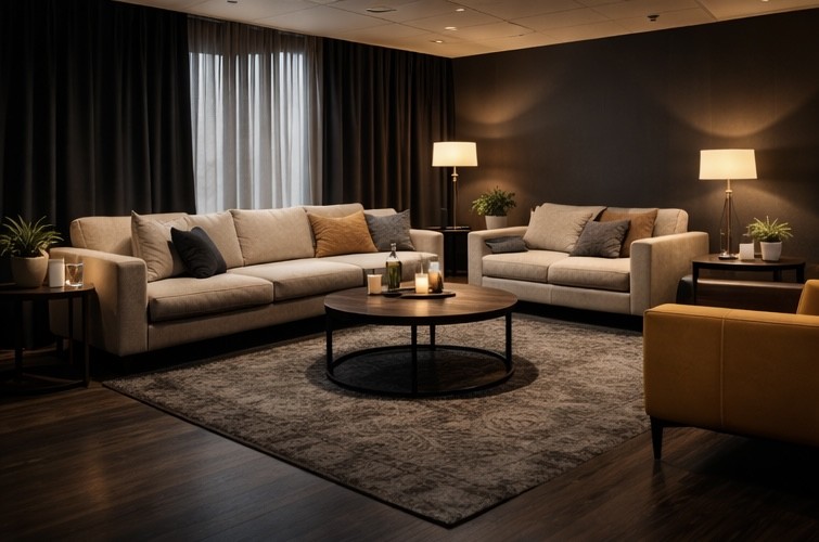 A green room with cream sofa's