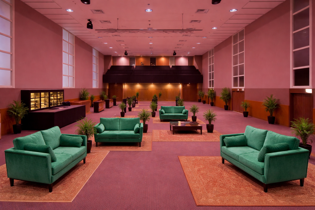 A large green room with green sofa's