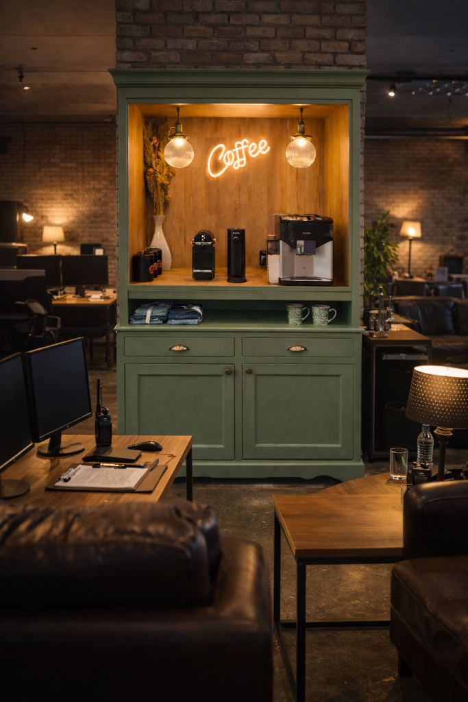 A coffee and tea station in a music production room